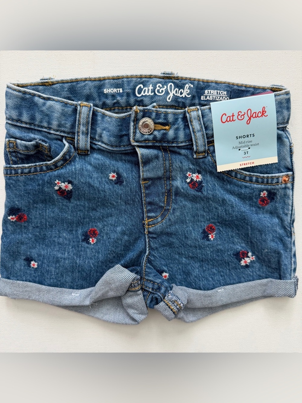 Cat & Jack Denim Shorts with Red White Blue Floral Embroidery Size 3T